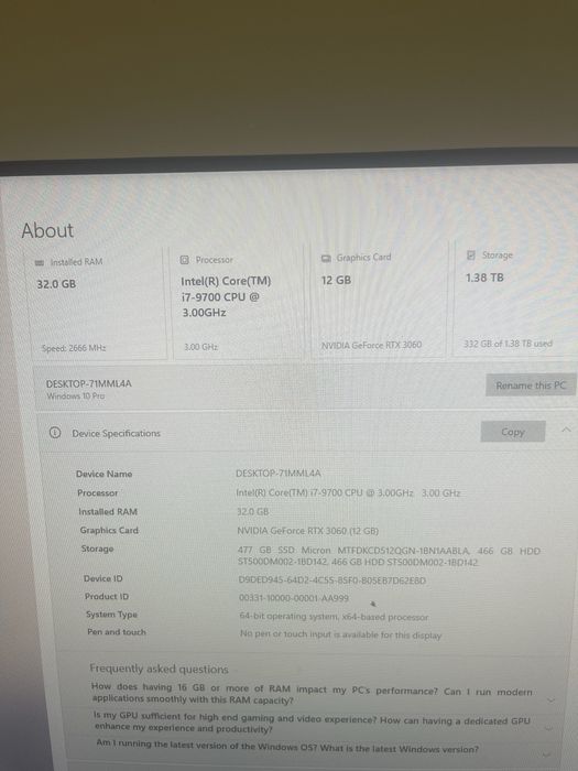 Calculator Gaming i7 9700, RTX 3060 12 GB DDR6 ,32 GB DDR4,SSD 512 GB