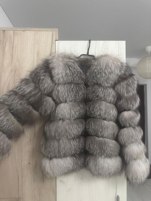 Haină de blană naturală gri cu mâneci detașabile,mărimea S