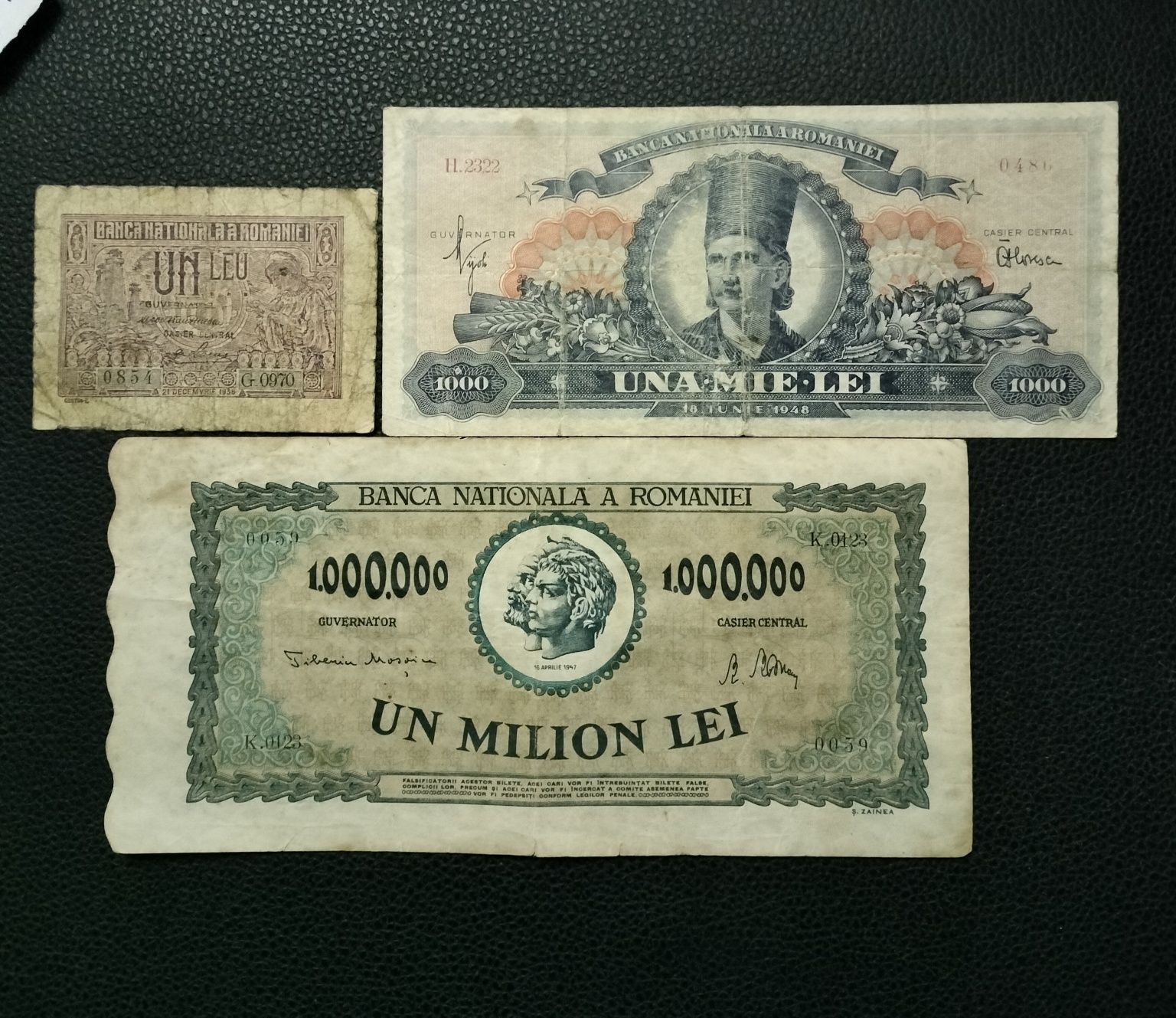 Bancnote 1 leu 1938; 1000 lei 1948; 1.000.000 lei 1947