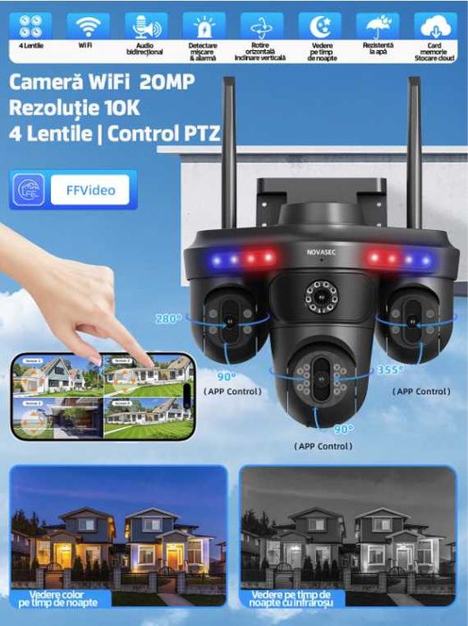 Camera de Supraveghere WiFI, 4 Camere, 20MP, Exterior/Interior, Alarma