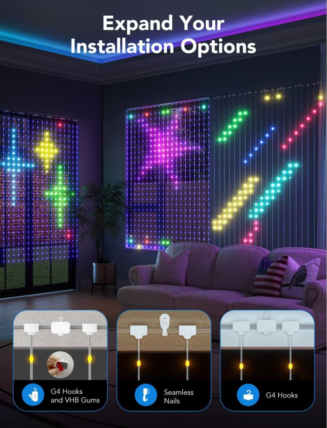 Govee Завесни лампи LED стенни DIY динамични 1.5м.x2м. 520 RGBIC LED