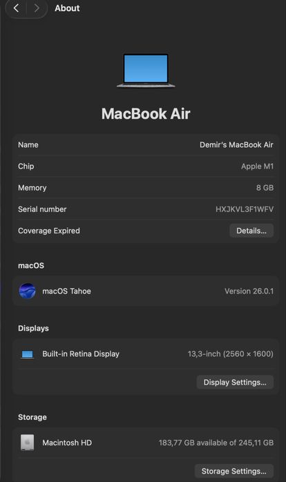 Macbook air m1 88 yomkisti 10 soatdan kop islidi full komplekt
