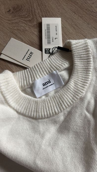 Pulover alb gros cu inimă roșie, model unisex, mărime L