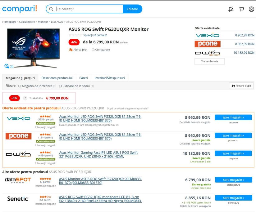 Monitor Gaming ASUS ROG Swift PG32UQXR, 32", 4K UHD [GARANȚIE 2026]