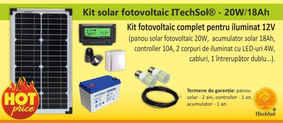 Kit (sistem) solar fotovoltaic ITechSol® 20W pentru iluminat 12V