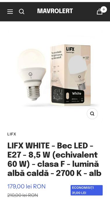 LIFX WHITE - Bec LED - E27 - 8,5 W (echivalent 60 W) - clasa F - lumin