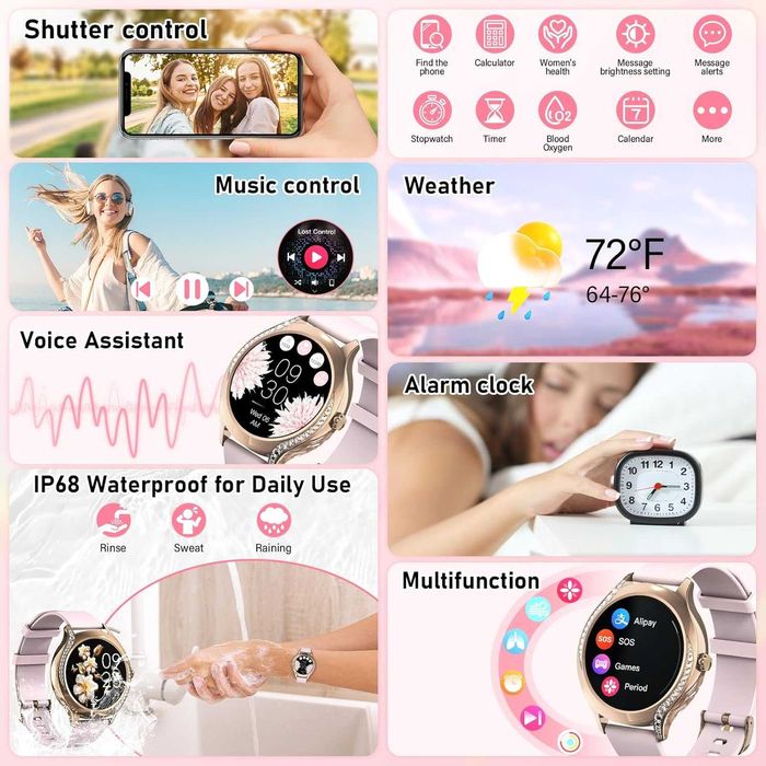 Brenth Смарт часовник за жени с функция за обаждане, IP68, iOS/Android