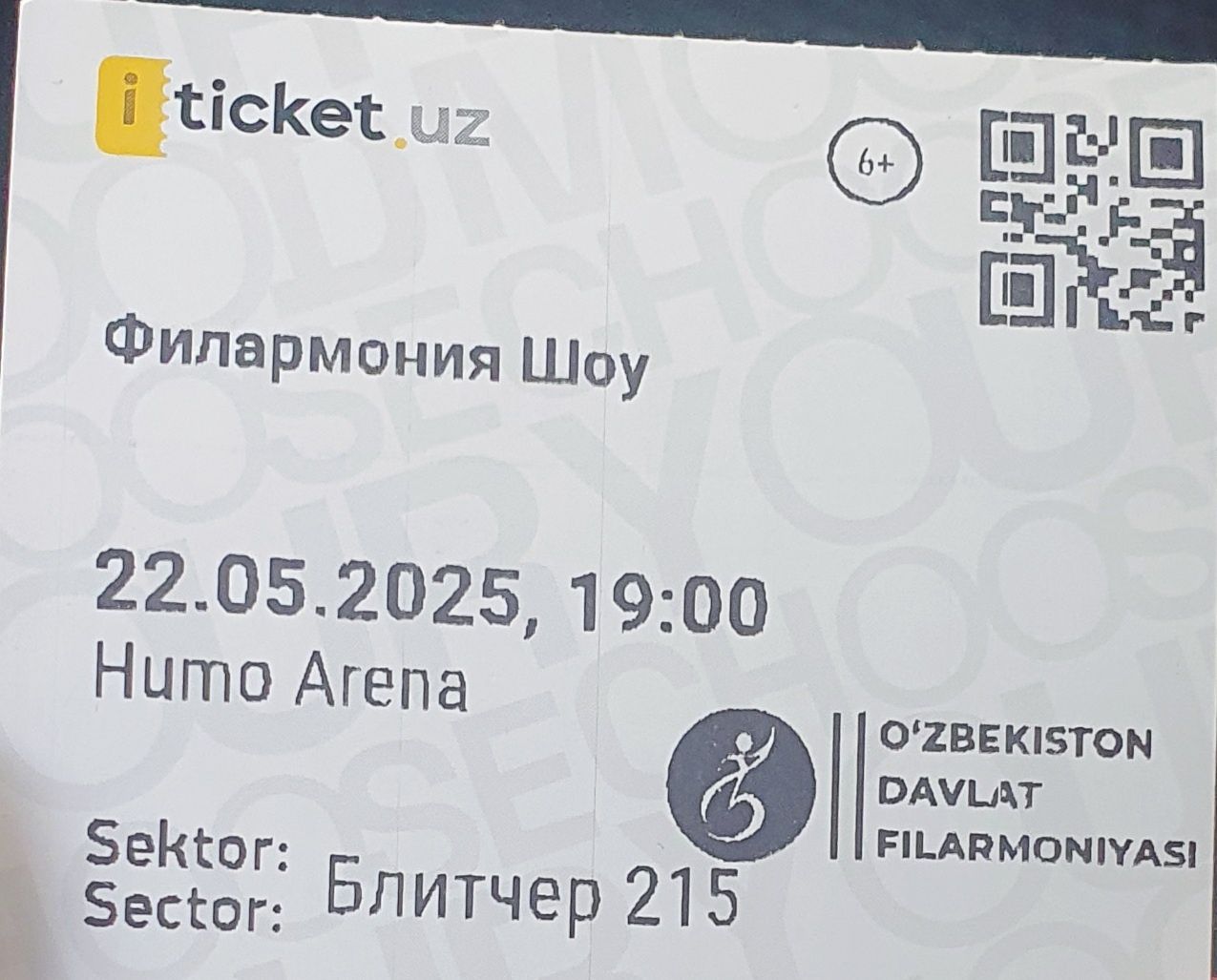 Filarmoniya shov 22 may humo arenada markaziy joy dan 2 ta bilet bor.