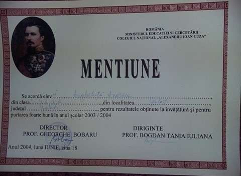 Diploma,MENTIUNE,Colegiul,,ALEXANDRU IOAN CUZA,,Min.ED.si Cercetarii