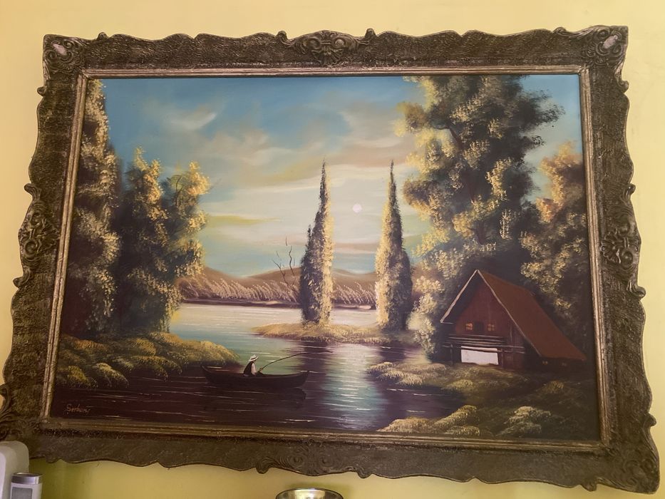 Tablou pictură în ulei pe pânză, peisaj rustic cu cabană și pescar