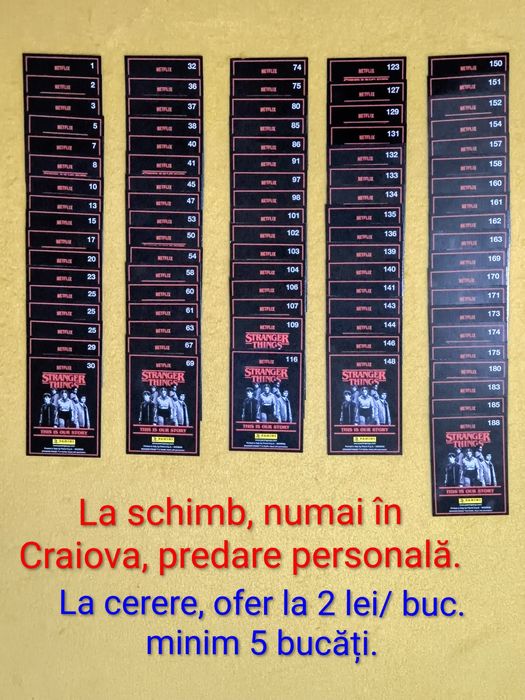 Vând/schimb cartonașe Stranger Things panini 2025, numai în Craiova.