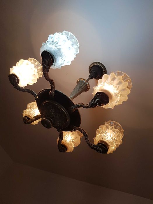 Lustra 6 Becuri Metalica Lemn Sticla Retro Vintage Iluminat Candelabru