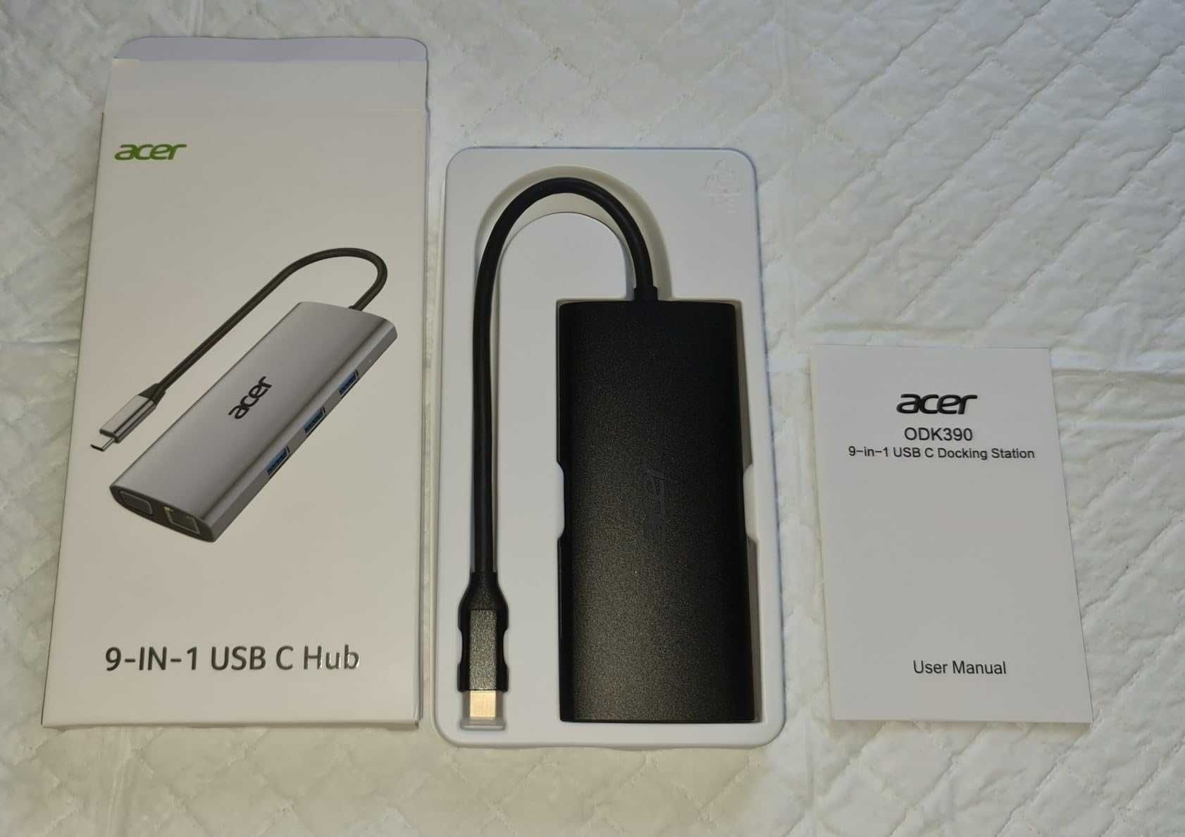 Acer USB C хъб с 4K/30Hz HDMI, 9-в-1 RJ45, 5Gbps USB-A 3.1,PD100W, VGA
