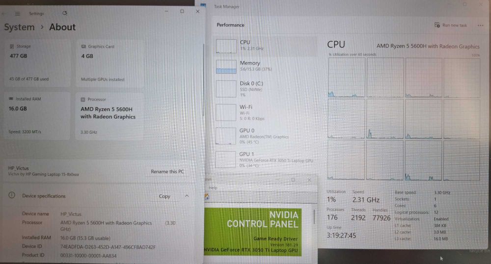 15.6' IPS HP Victus Ryzen 5 5600h/NVIDIA RTX 3050Ti 4GB GDDR6/16GB/512
