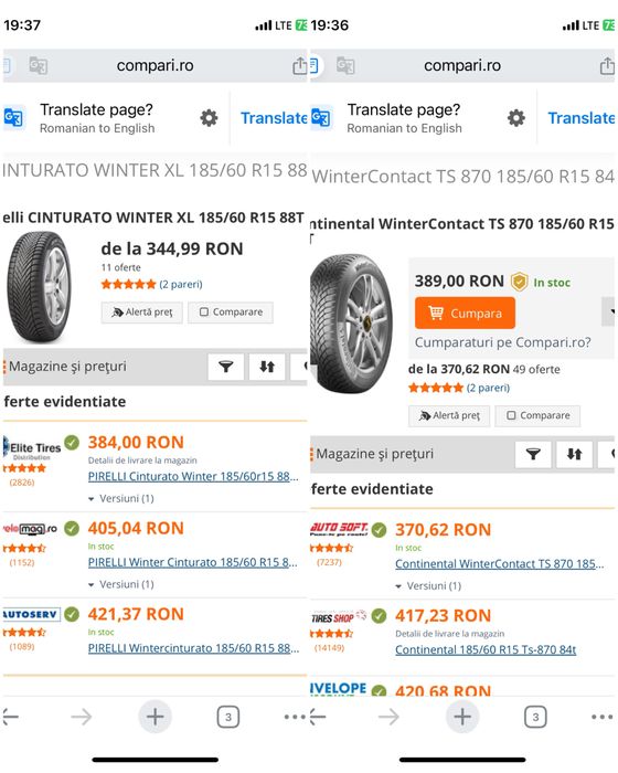 185/60R15 Continental Pirelli 7-6mm stare foarte buna
