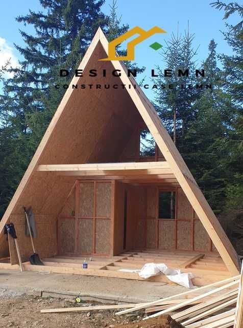 Cabană lemn tip A Frame, Păltiniș, pret producator 42mp + terasa 6,5mp