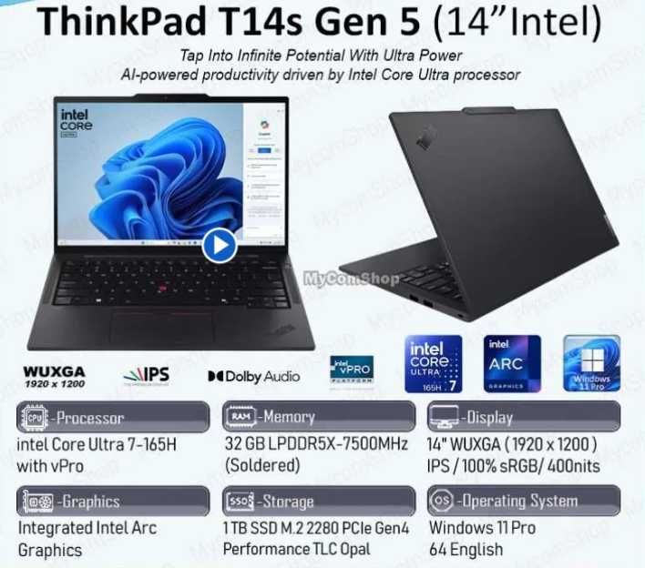 Lenovo ThinkPad T14s 14"IPS, Ultra 5 135U, 16/256, 4G, US, Гаранция 3г