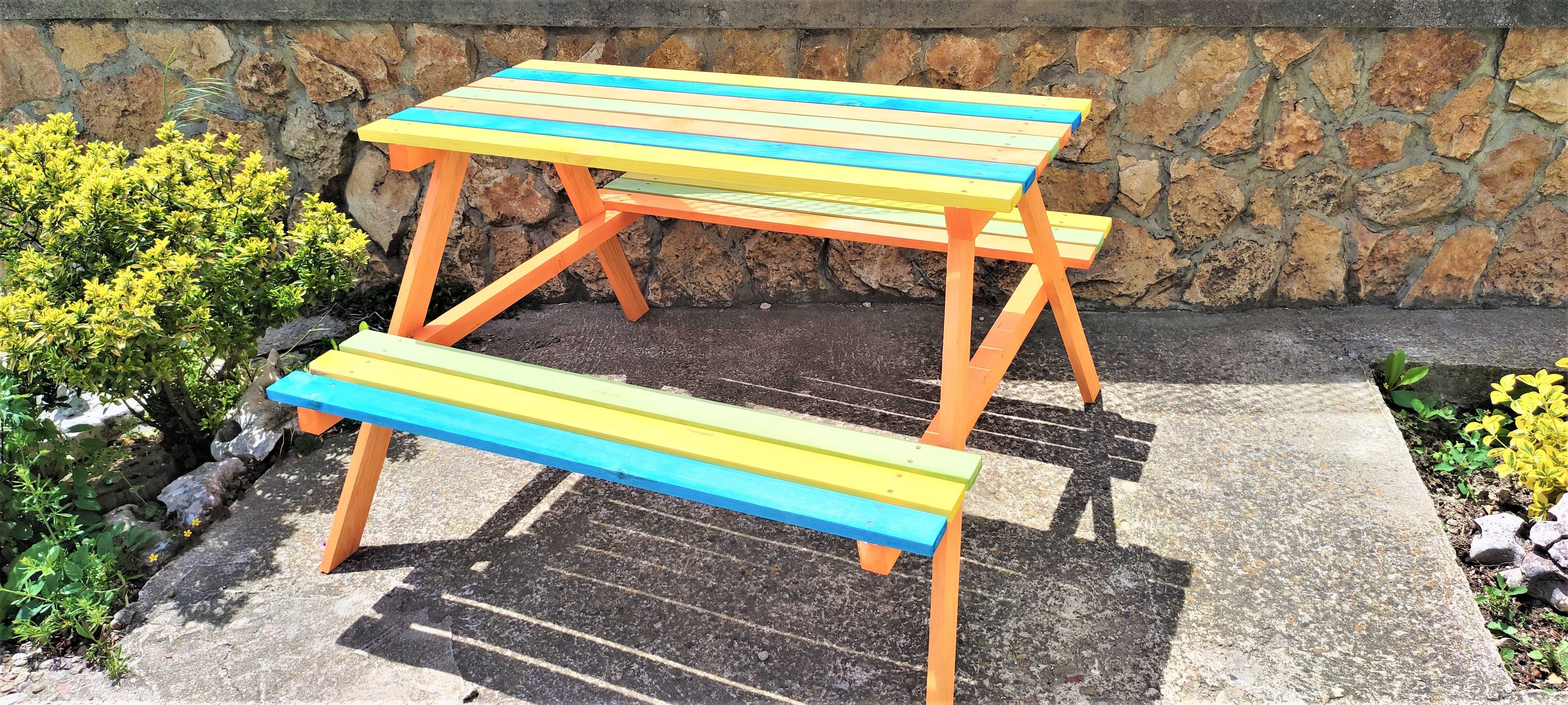 Детска маса с две пейки;  Детски масички; Дървена маса за деца