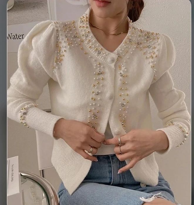 Cardigan cu perle și cristale crem superb