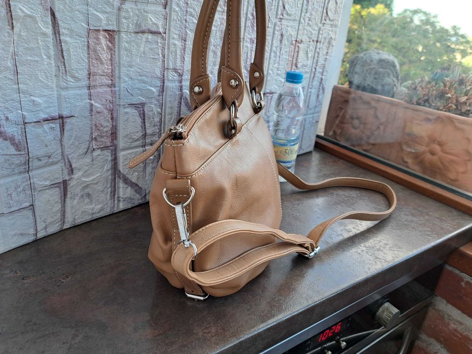 дамска чанта,L.CREDI,бежова кожена торба-естествена кожа