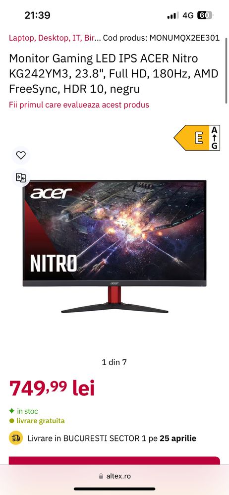 Monitor Gaming LED IPS ACER Nitro 23.8”  180hz