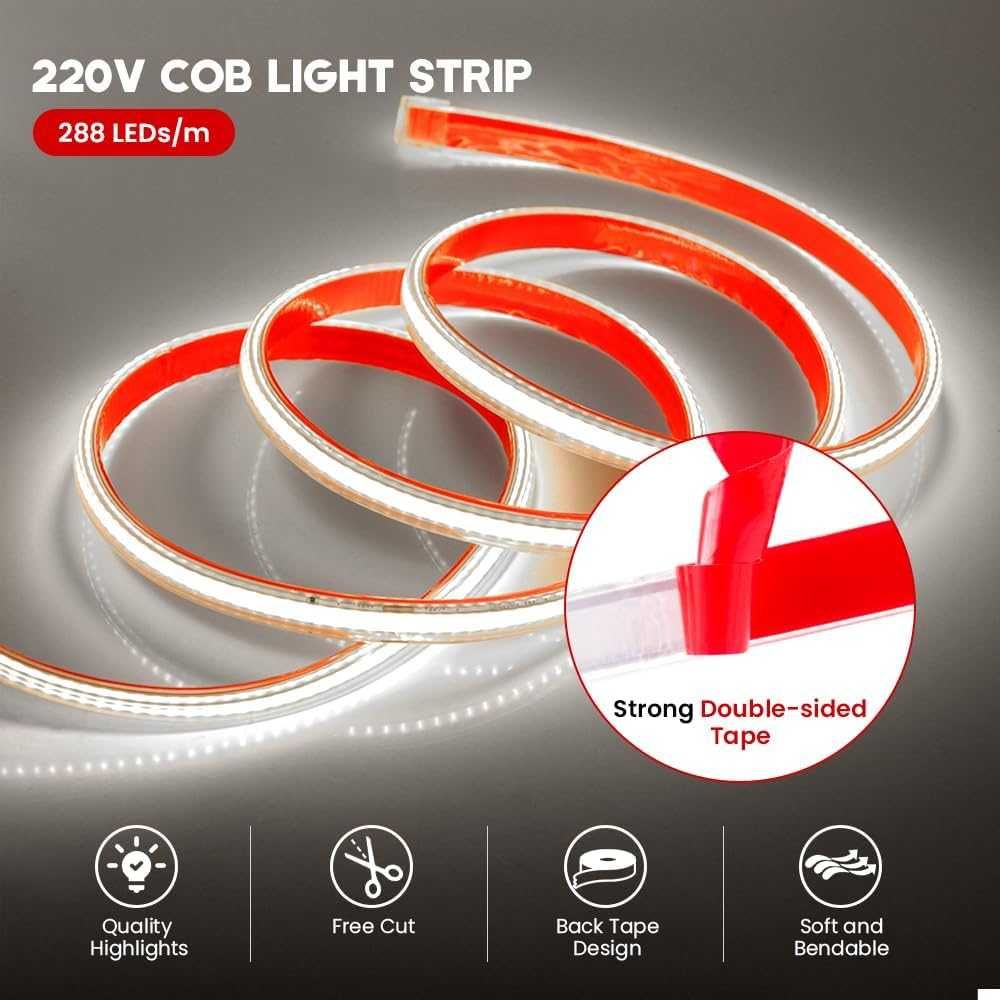 Водоустойчива LED лента 220V, COB 288LEDs/M IP65 за огледало