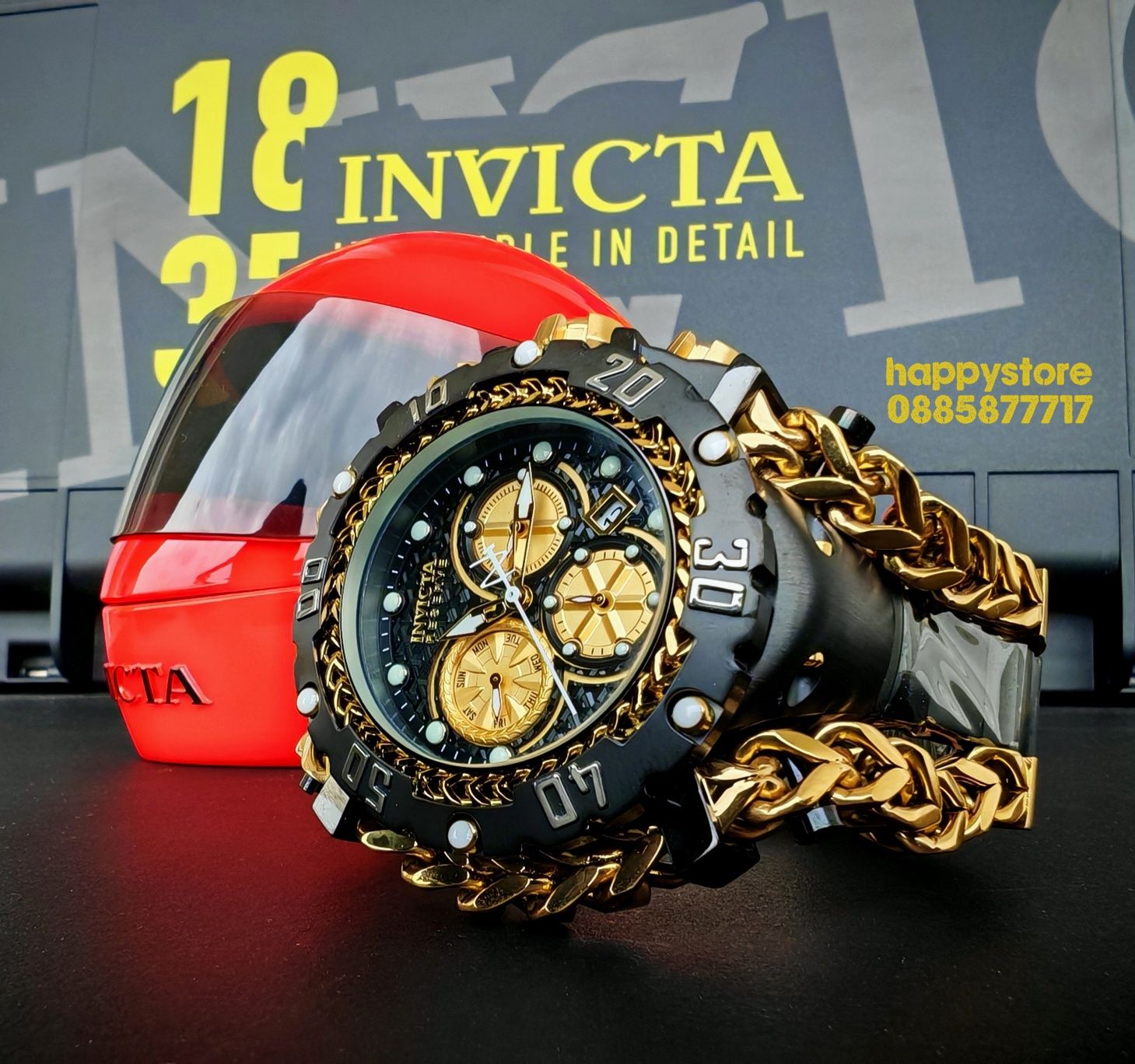 часовник INVICTA Gladiator Black and Gold 60 mm, Инвикта нов