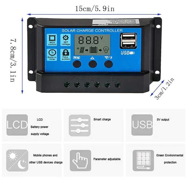 30A PWM соларно зарядно соларен контролер 12/24 с две USB x2a