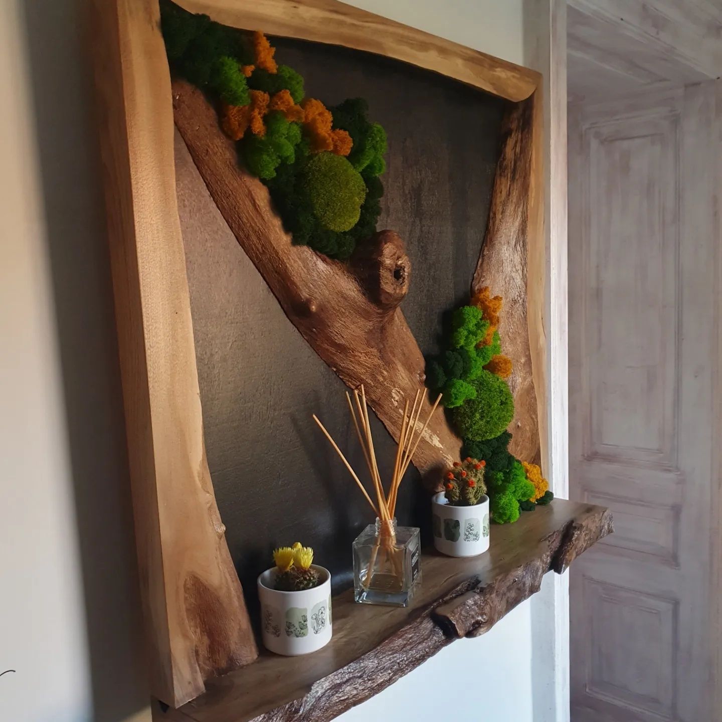 Tablou decorativ cu licheni si lemn de nuc natural și creativ