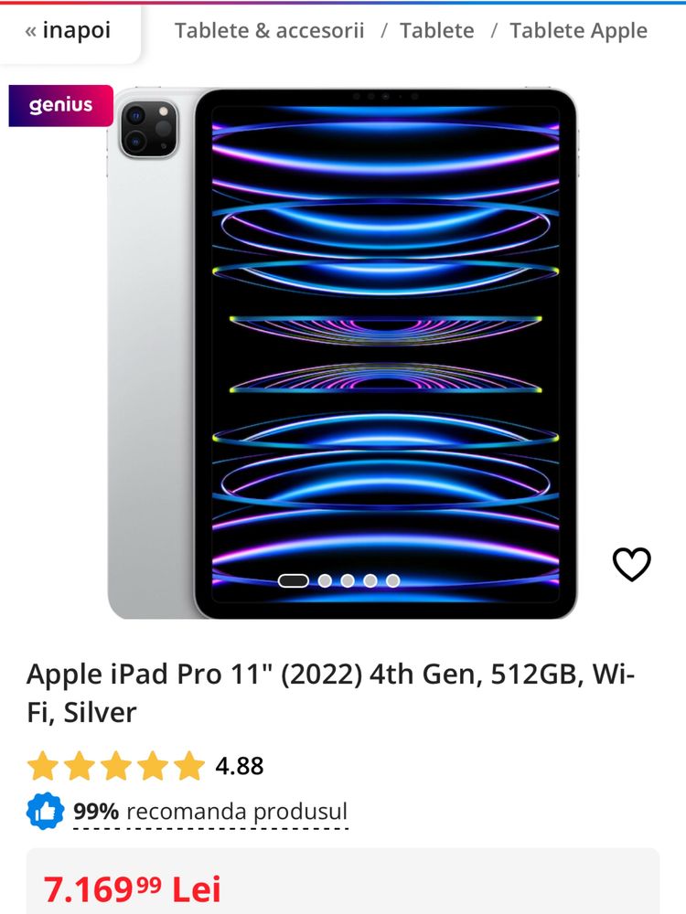 Apple iPad Pro 11"4th Gen, 512GB, Wi-Fi, Silver, sigilata, OCAZIE