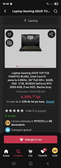 SuperPret Laptop NOU la cutie Asus Tuf (Gaming)cu 1Tb SSD si Video RTX