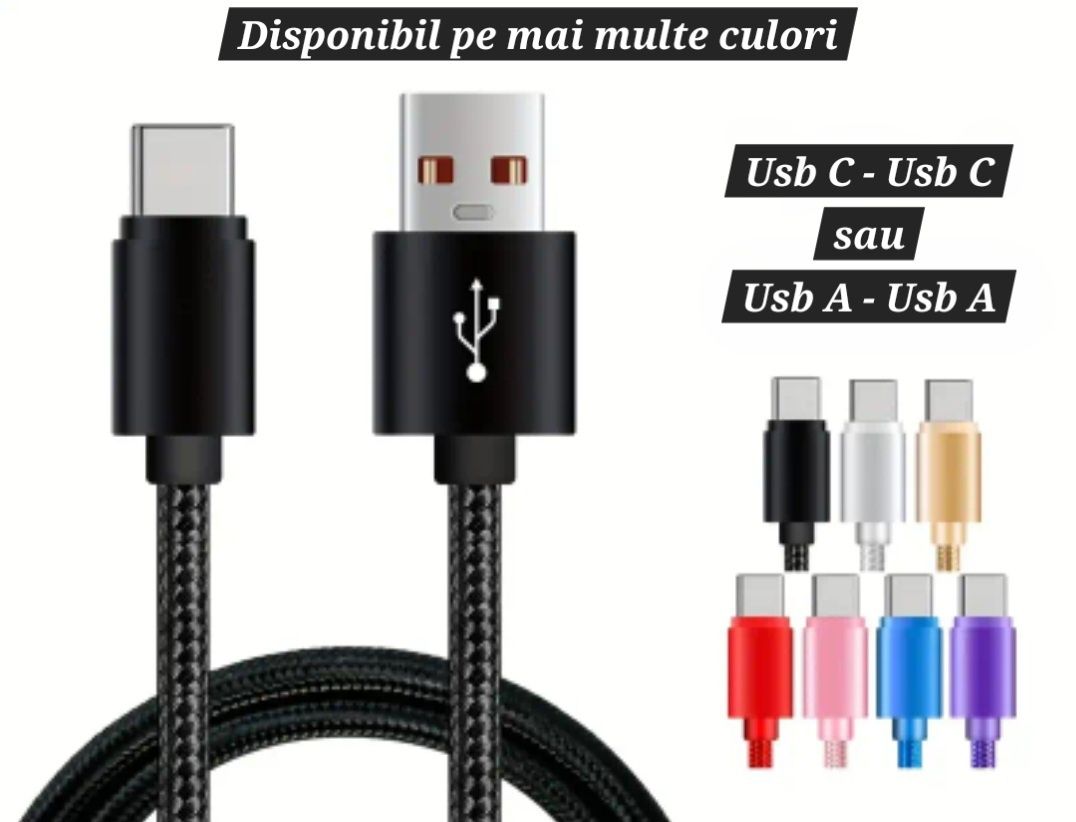 Cabluri 120W/100W. Încărcare+Transfer Date. UsbA și UsbC. Ranforsate.