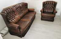Set Chesterfield original canapea și fotoliu 3+1 locuri piele naturala