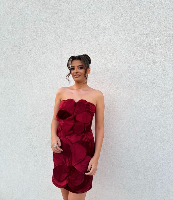 Rochie grena din catifea cu flori 3D,mărimea M