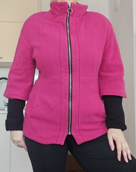 Малиново розово яке палто сако зимно сиво двоен Ръкав с подплата