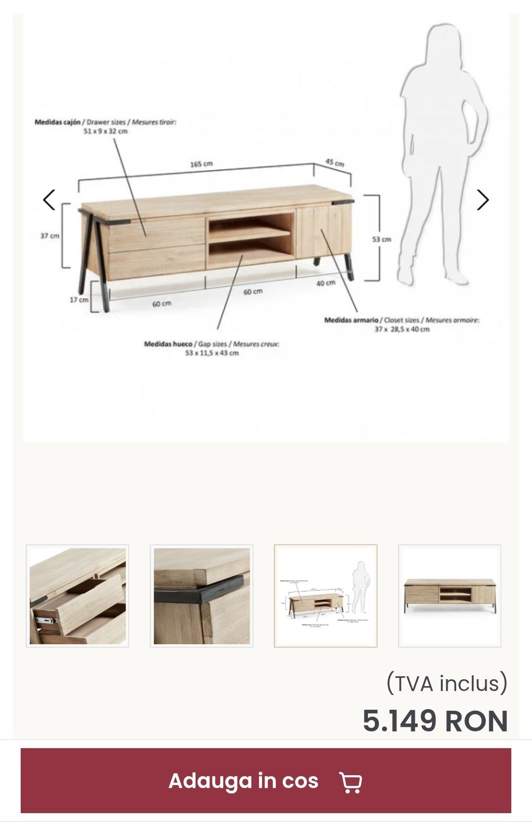 Comoda TV LEMN MASIV de SALCAM cu finisaj natural albit | 165 cm
