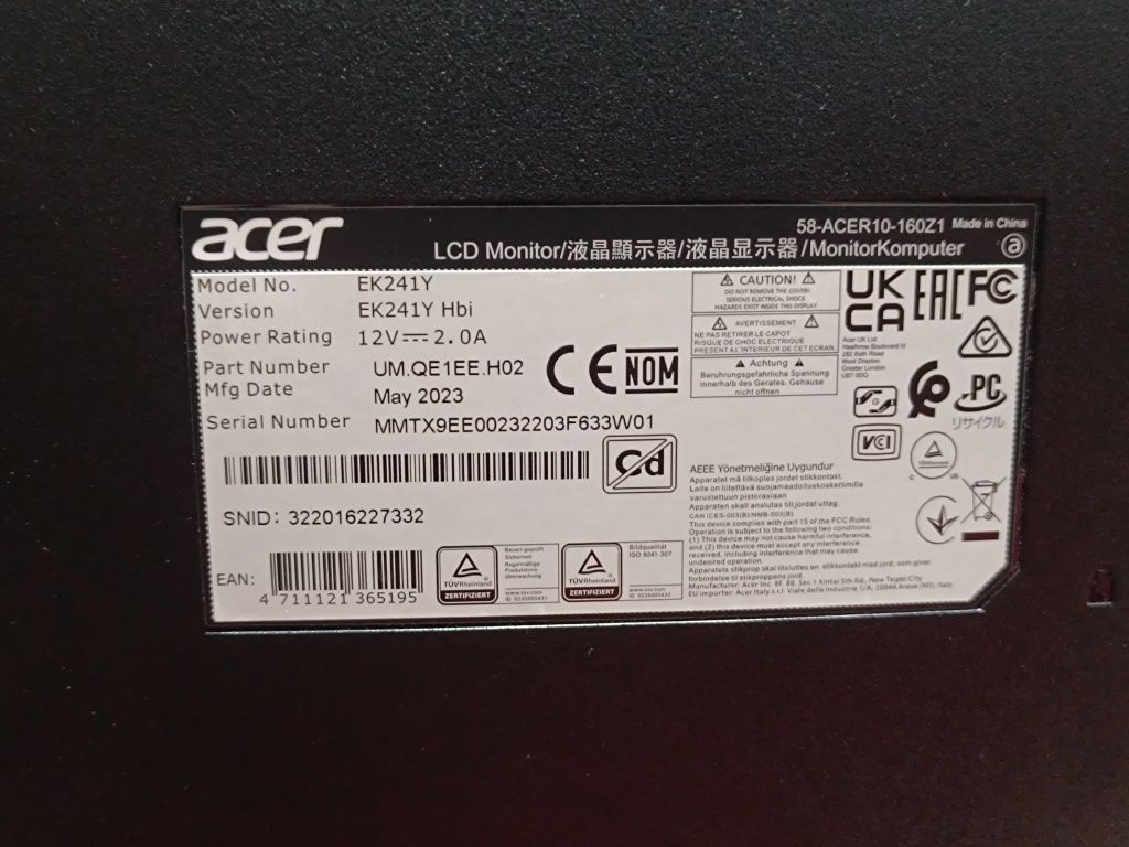 Monitor LCD Acer EK241Y Hbi, VA, Freesync(display SPART)