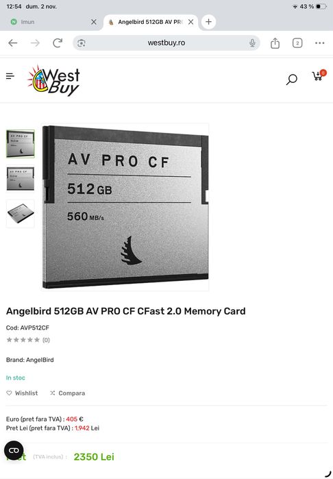 Angelbird 512GB AV PRO CF CFast 2.0 Memory Card sigilat NOU