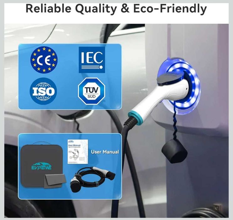 EVPEIWE 22KW 32A Кабел за зареждане на електрически автомобили тип 2