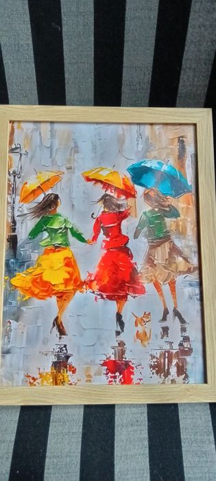 Ярки момичета с чадъри в дъждовен ден, 30 см.x 40 см Вертикална стенна