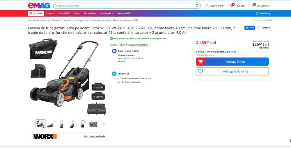 Masina de tuns gazon/iarba pe acumulator WORX