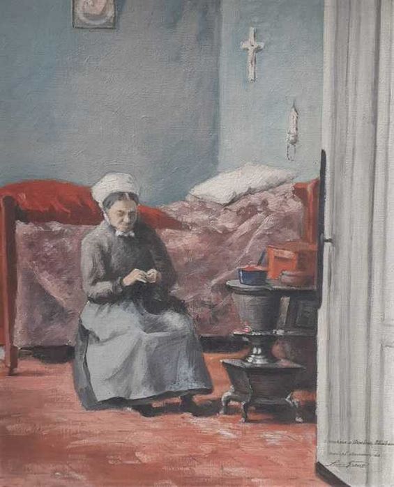 Tablou vechi - interior cu batrana - semnat