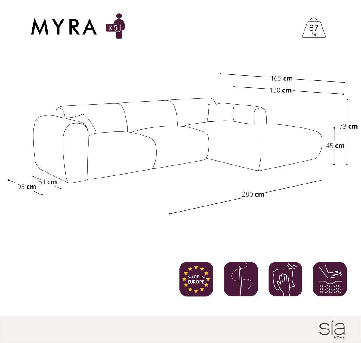 Голям правоъгълен диван MYRA от тъкан плат