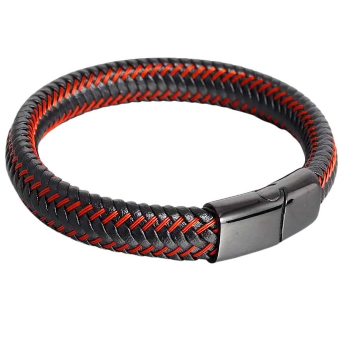 Модерна и стилна мъжка кожена гривна в черно и червено