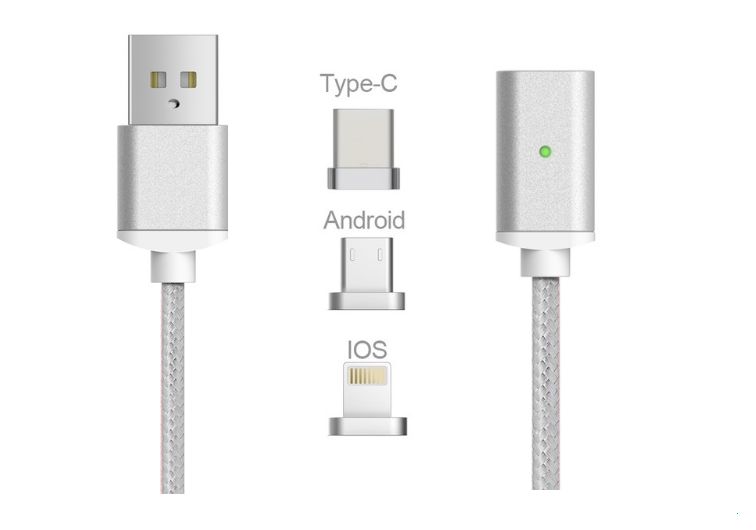 Магнитен кабел за телефон 1 метър. Накрайници micro USB TypeC iOS.