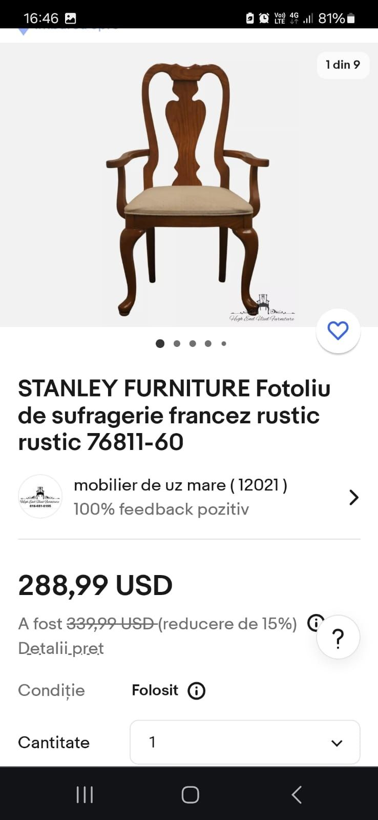 Fotoliu sufragerie francez Queen Anne Rustic, lemn masiv bine facut