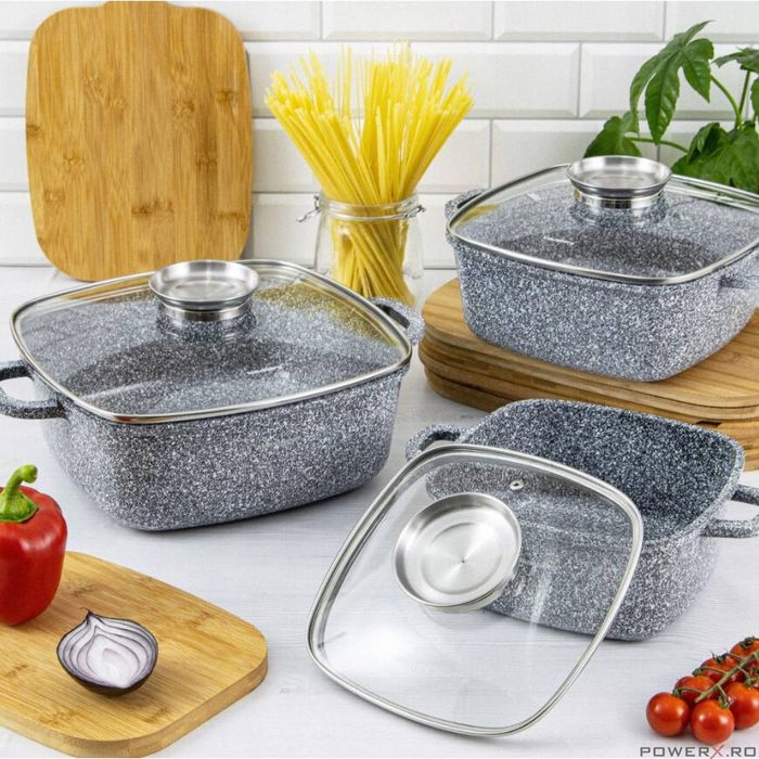 Set 3 oale din aluminiu turnat, cu strat marmorat, capac sticla,