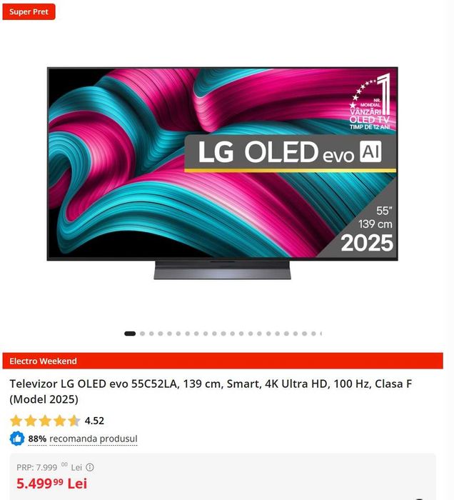 Televizor Smart TV Oled LG C5, 139 cm, model 2025, sigilat, garantie