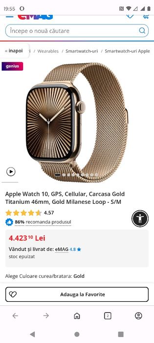 Apple Watch 10, GPS, Cellular, Carcasa Gold Titanium 46mm, Gold Milane