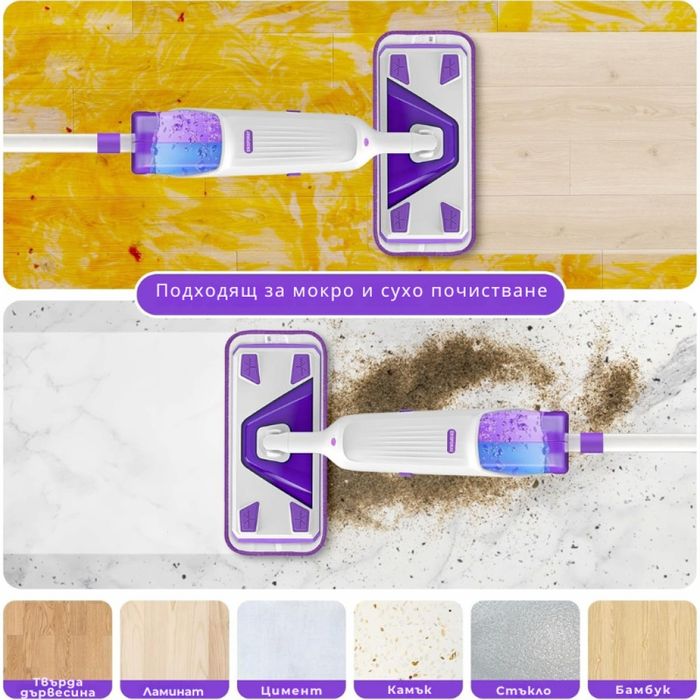 Тип: Спрей моп с двоен резервоар
Капацитет на бутилките: 2 × 310 мл (о